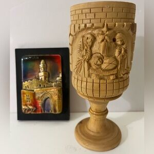 Hand Carved Nativity, Olive Wood Goblet Made in Bethlehem & Jerusalem Plaque